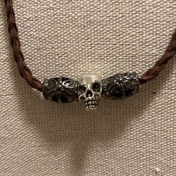 Handcrafted Necklace with Skull Pendant on Brown Braided Leather cord. - Picture 2 of 6